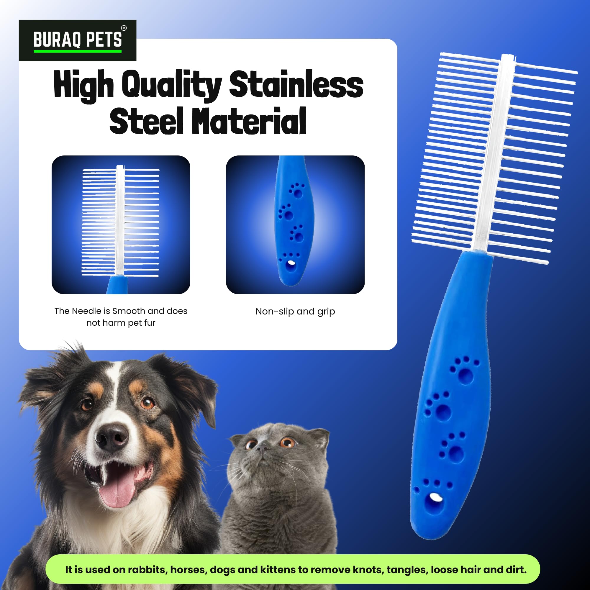 Buraq Pets Double Side Stainless Steel Needles Pets Comb, Hairbrush Grooming for Dogs Cat Cleaning Supplies Cat Comb Or Dog Comb (Dual Side Comb) 1