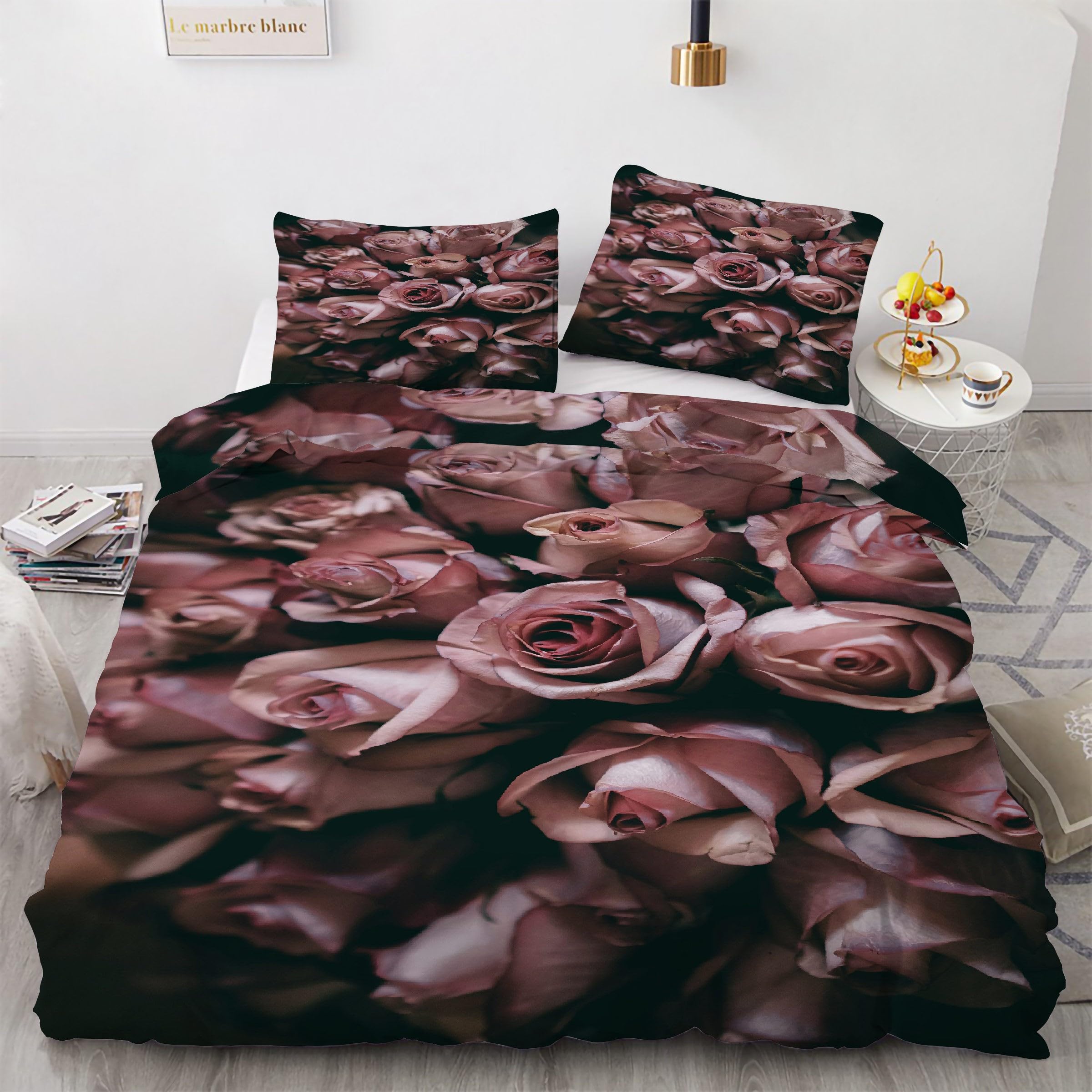Parure de Lit 90x190 Rose Housse De Couette Fleur avec 2 Taies d'Oreiller en Microfibre Kg4694