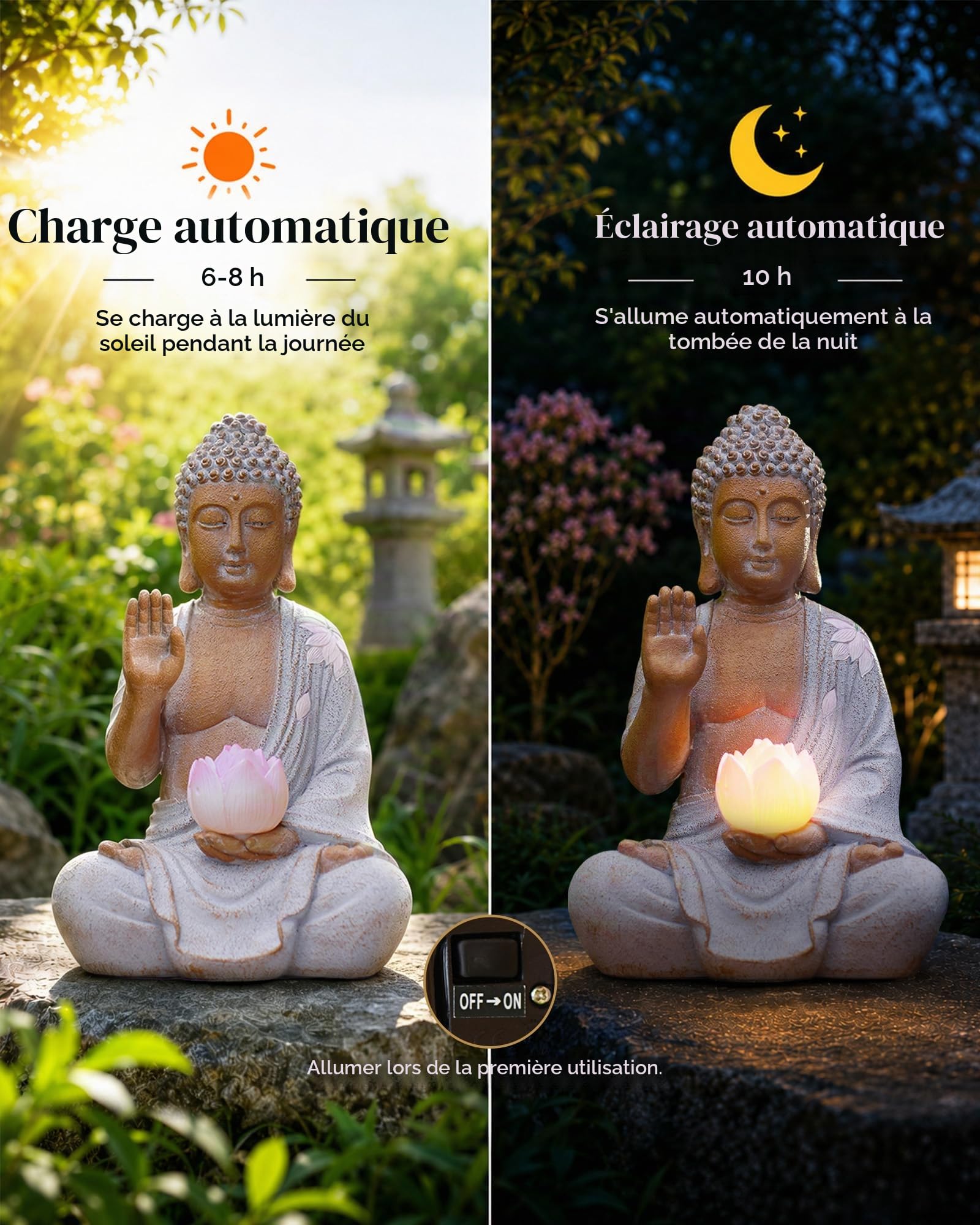 Yeomoo Statue de Bouddha avec LED solaire Lotus Décoration de jardin - Figurine de méditation résistante aux intempéries pour jardin Zen, salon Feng Shui, cadeau spirituel pour femmes, maman, hommes