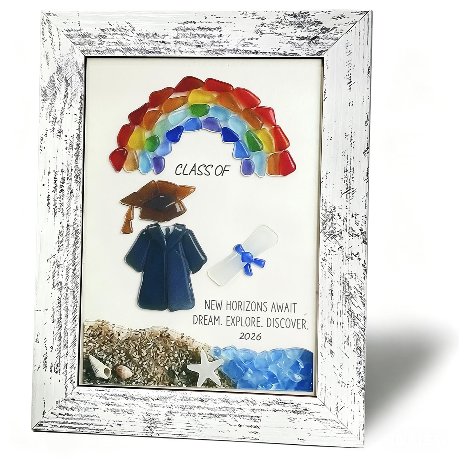 Verneo Style2 Graduation Gifts For H-Er/Him 2026,Sea Glass Art Class Of 2026 Graduation Gift,Rainbow & Gown Coastal Framed Decoration,Grad Gifts For Son Daughter High School Or College Graduates (Style2)