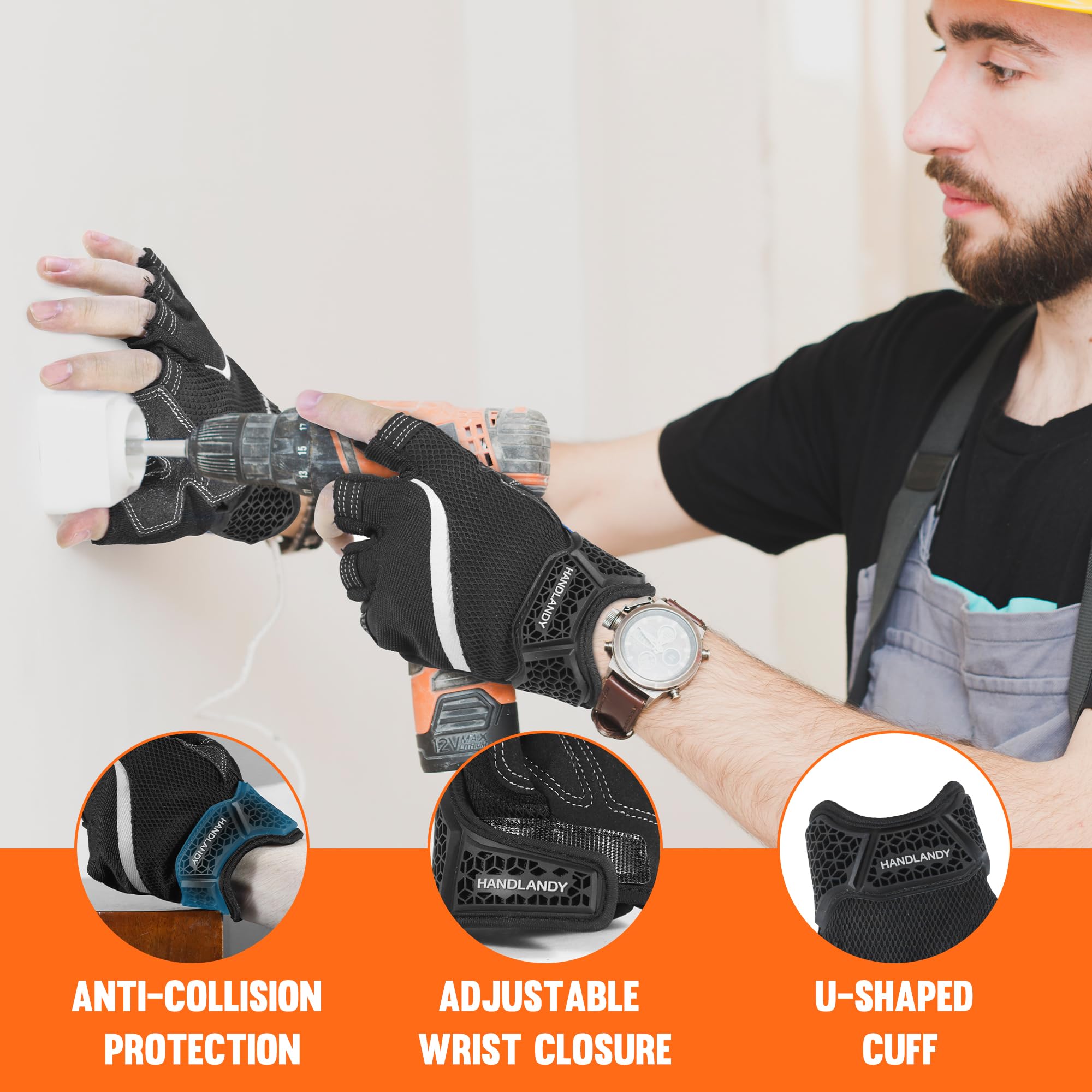 HANDLANDY Fingerless Work Gloves, Men Women Padded Half Finger Framer Mechanic Construction Carpentry Working Gloves (Shadow Black, M) - Image 4