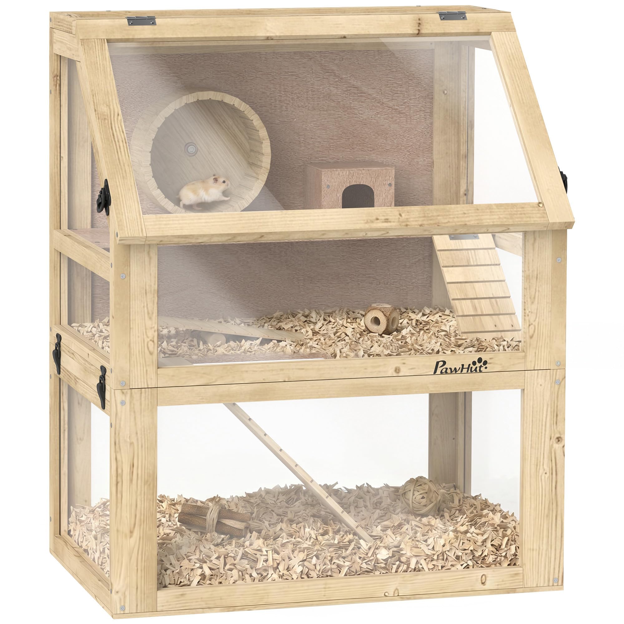 PawHut Cage à hamster en bois 3 étages finition bois naturel | Gerbil Cage amovible de 32 cm de profondeur, cabane, balançoire, roue d'exercice, rampes