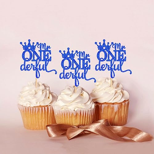 Miniatura 5 de Ercadio Paquete de 24 coronas de Mr Onederful para cupcakes, corona azul con purpurina, una corona de príncipe para primer cumpleaños, decoración de