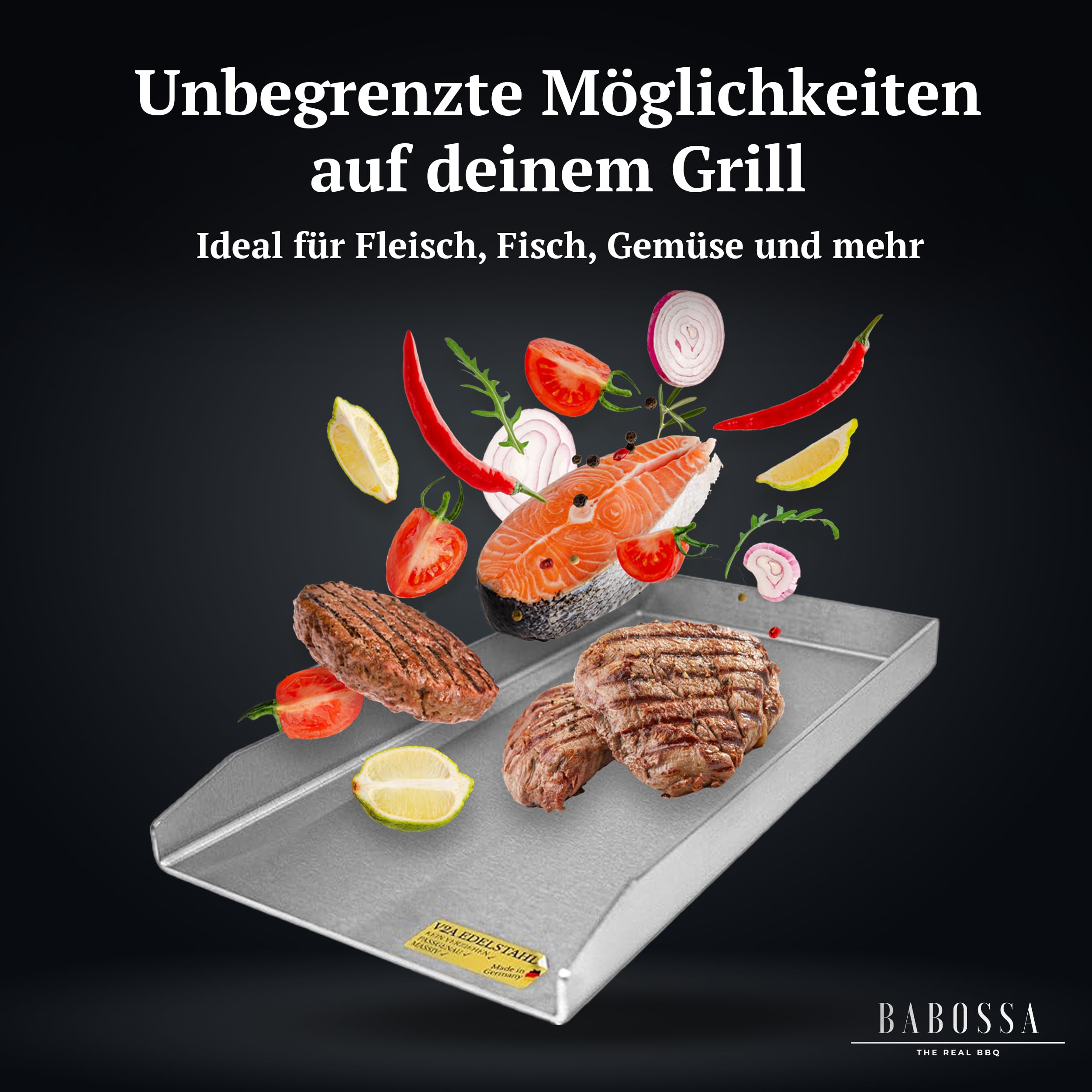 BABOSSA Grill Plancha aus V2A Edelstahl 23.5 x 44.5 cm – Erstklassige Verarbeitung & perfekte Hitzeverteilung –kompatibel mit Rösle Vario Edition – Teppanyaki Platte 100% Made in Germany
