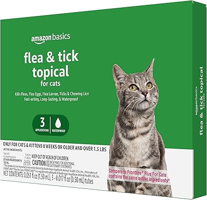Amazon Basics Preventative Flea and Tick Topical Treatment for Cats (Over 1.5 lbs), Fast Acting and Long Lasting, 3 Count, Packaging May Vary