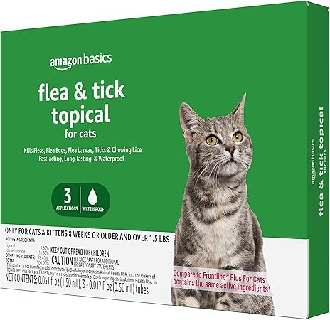 Amazon Basics Preventative Flea and Tick Topical Treatment for Cats (Over 1.5 lbs), Fast Acting and Long Lasting, 3 Count, Packaging May Vary