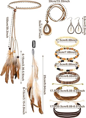 Miniatura 3 de Geyoga 7 piezas de clip para el pelo con plumas, juego de diadema con peine, collar colgante, aretes estilo boho bohemio gitano, cuentas tribales