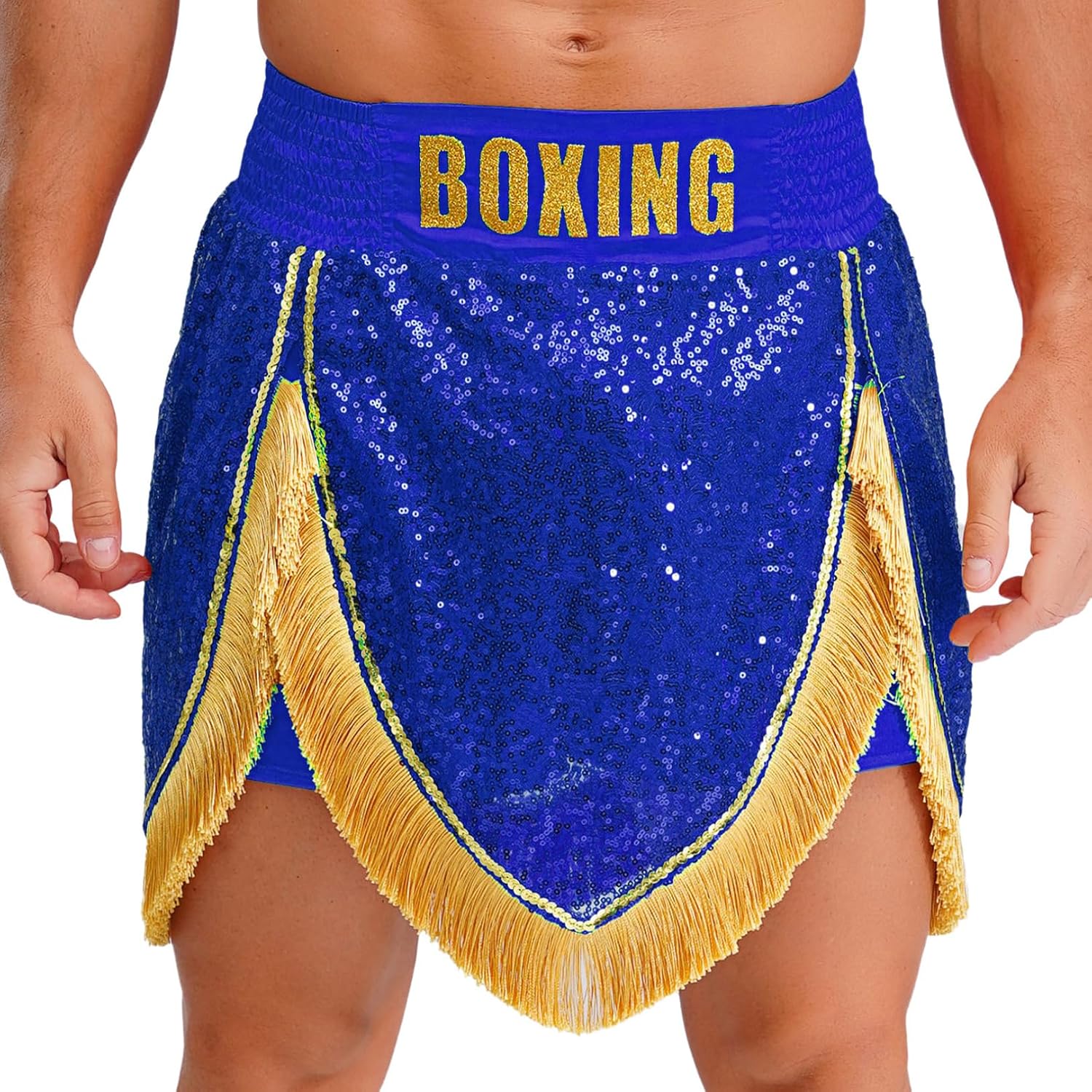 FEESHOW Men Ruched Boxing Shorts Sequins Fringes Muay Thai Shorts for Kickboxing Training