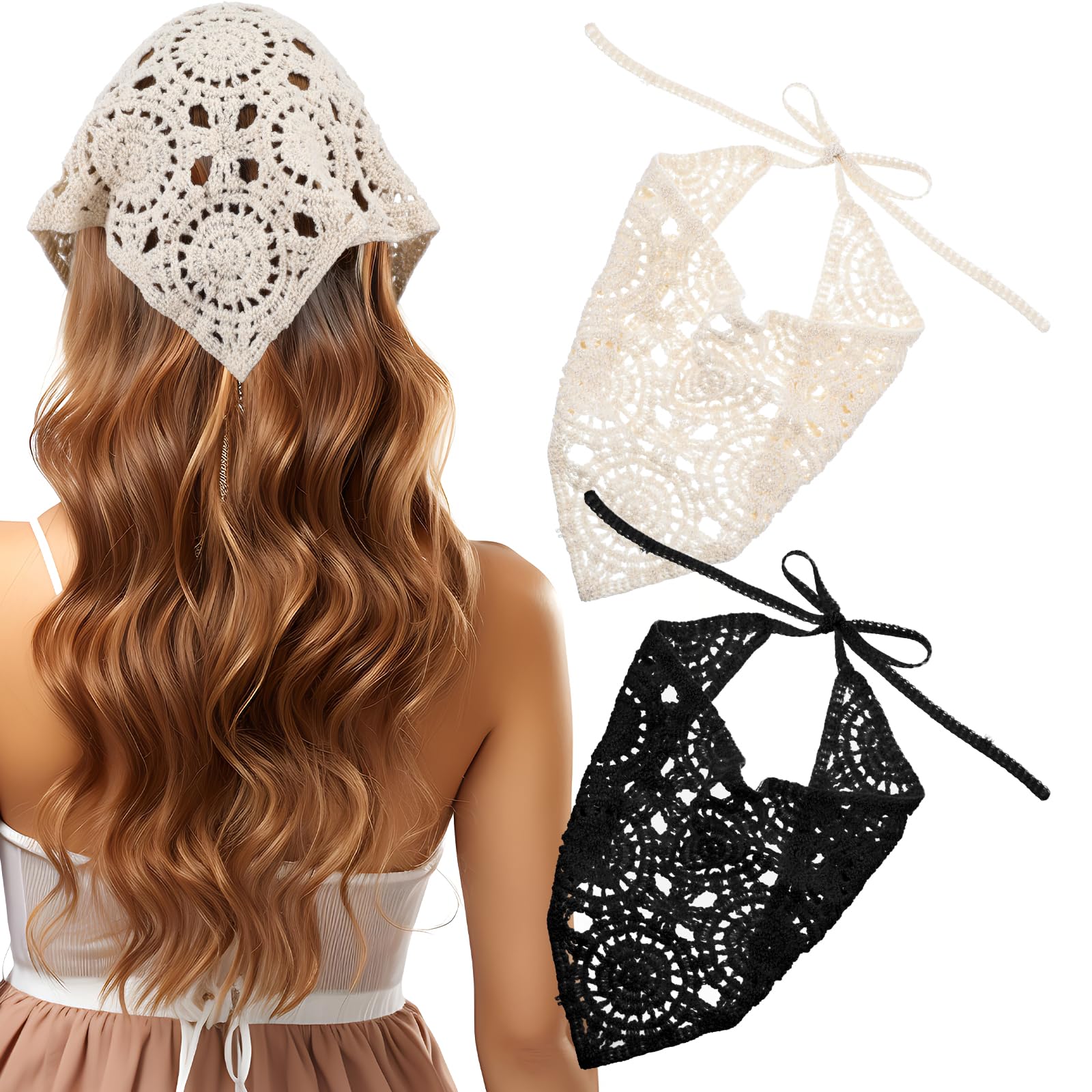 2 Pcs Cute Knitted Crochet Head Scarf, Hollow Crochet Bandanas, Vintage Scarf Headbands, Headbands Hair Accessories for Women, Hair Styling Decor (White, Black)