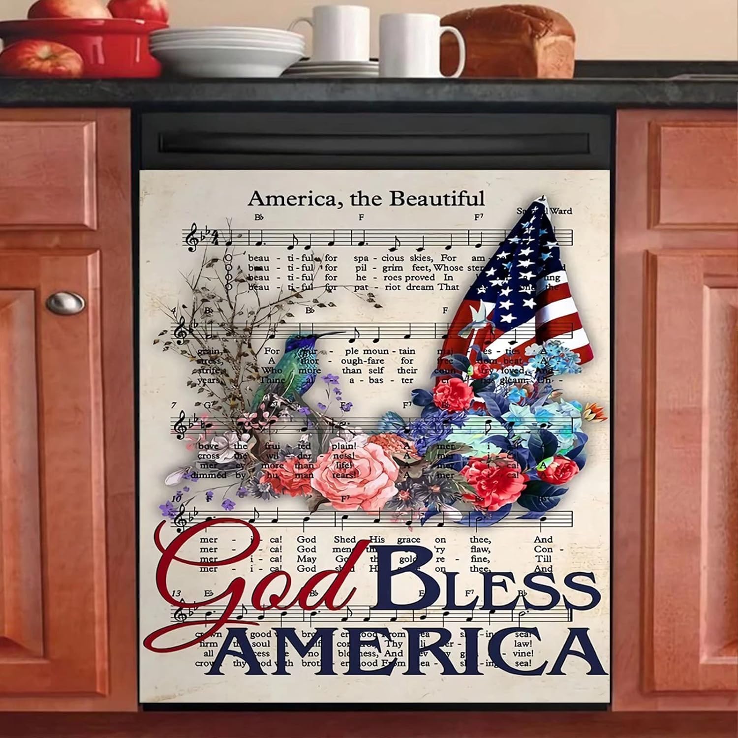 God Bless America Dishwasher Cover,Humming Bird Dishwasher Magnet for Front Decorative,Music Score Refrigerator Cover Magnetic Dishwasher Decal American Flag Appliance Fridge Sticker 23"x26"