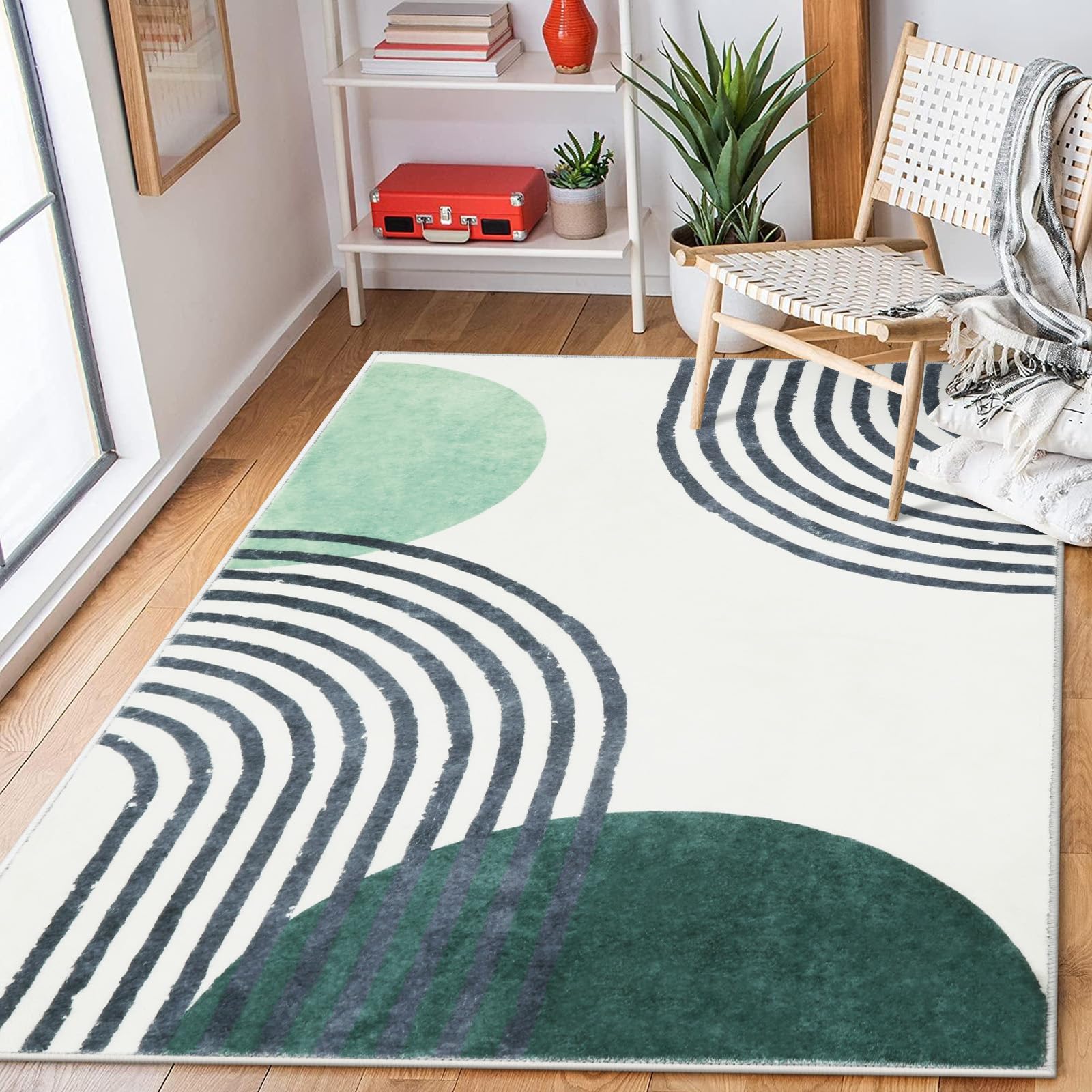 Wonnitar Washable Area Rug 3x5,Boho Green Rugs for Bedroom,Small Soft Nursery Throw Mat Non-Slip Minimalist Kids Room Rug,Mid Century Low Pile Floor Carpet for Kitchen Bathroom Laundry