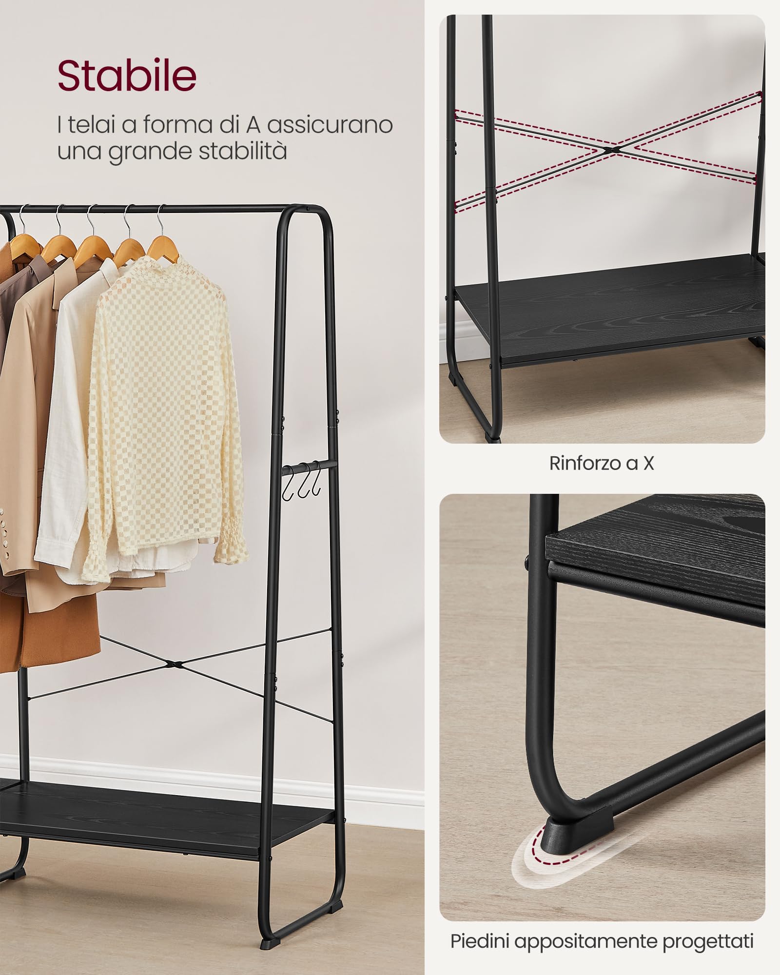 Appendiabiti Da Terra Con Scarpiera VASAGLE - 5 Ripiani, 6 Ganci, Stile Industriale Marrone/Nero, Per Camera, Corridoio O Soggiorno - Foto 5