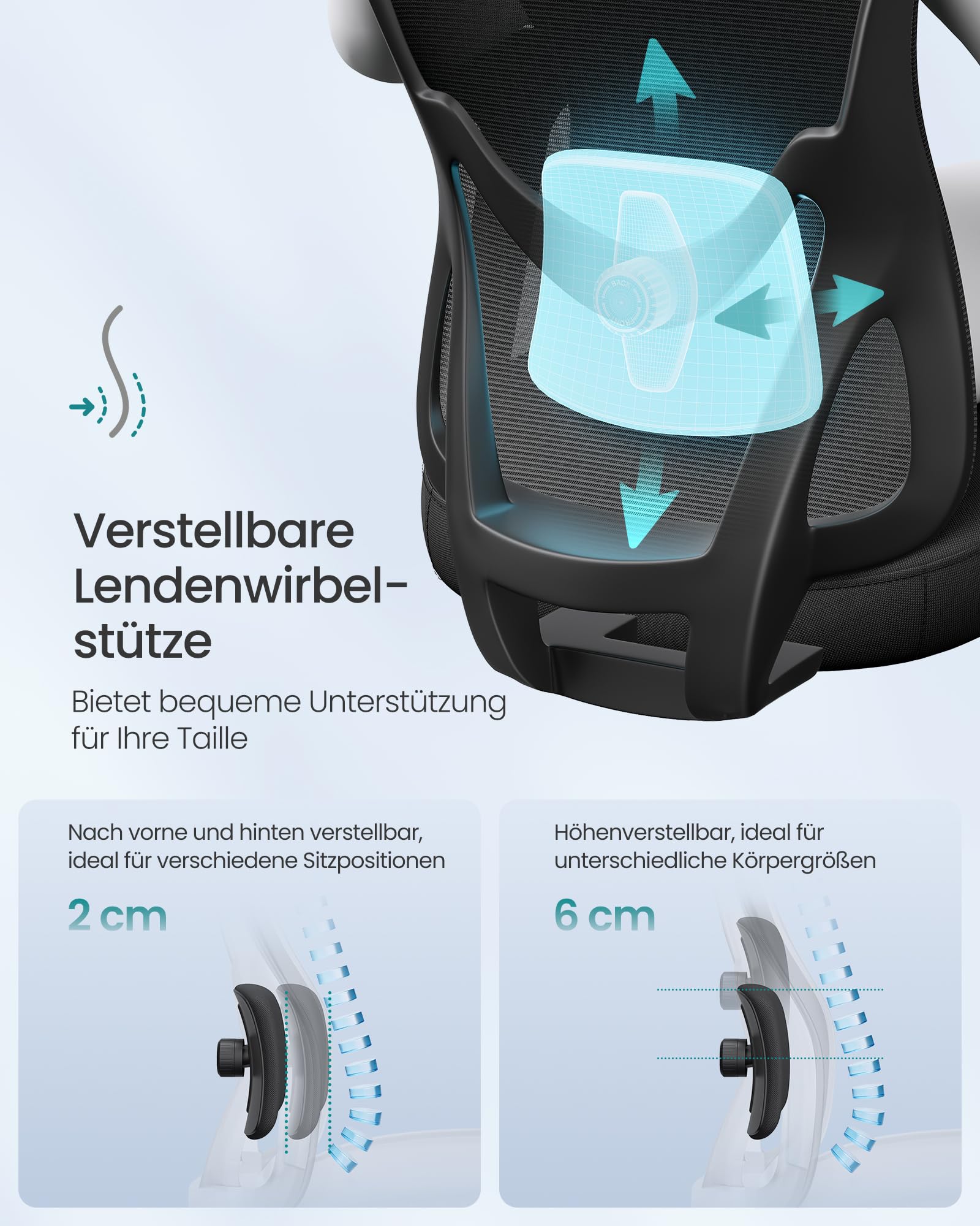 SONGMICS Bürostuhl ergonomisch, Schreibtischstuhl, Computerstuhl, verstellbare Lenden- und Kopfstütze, bis 150 kg belastbar, höhenverstellbar, tintenschwarz OBN066BH01