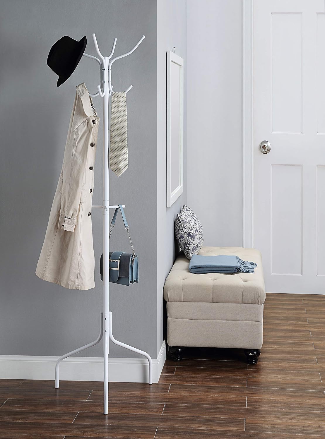 SunnyPoint Standing Metal Coat Rack Hat Hanger 11 Hook for Jacket, Purse, Scarf Rack, Free Standing (White)