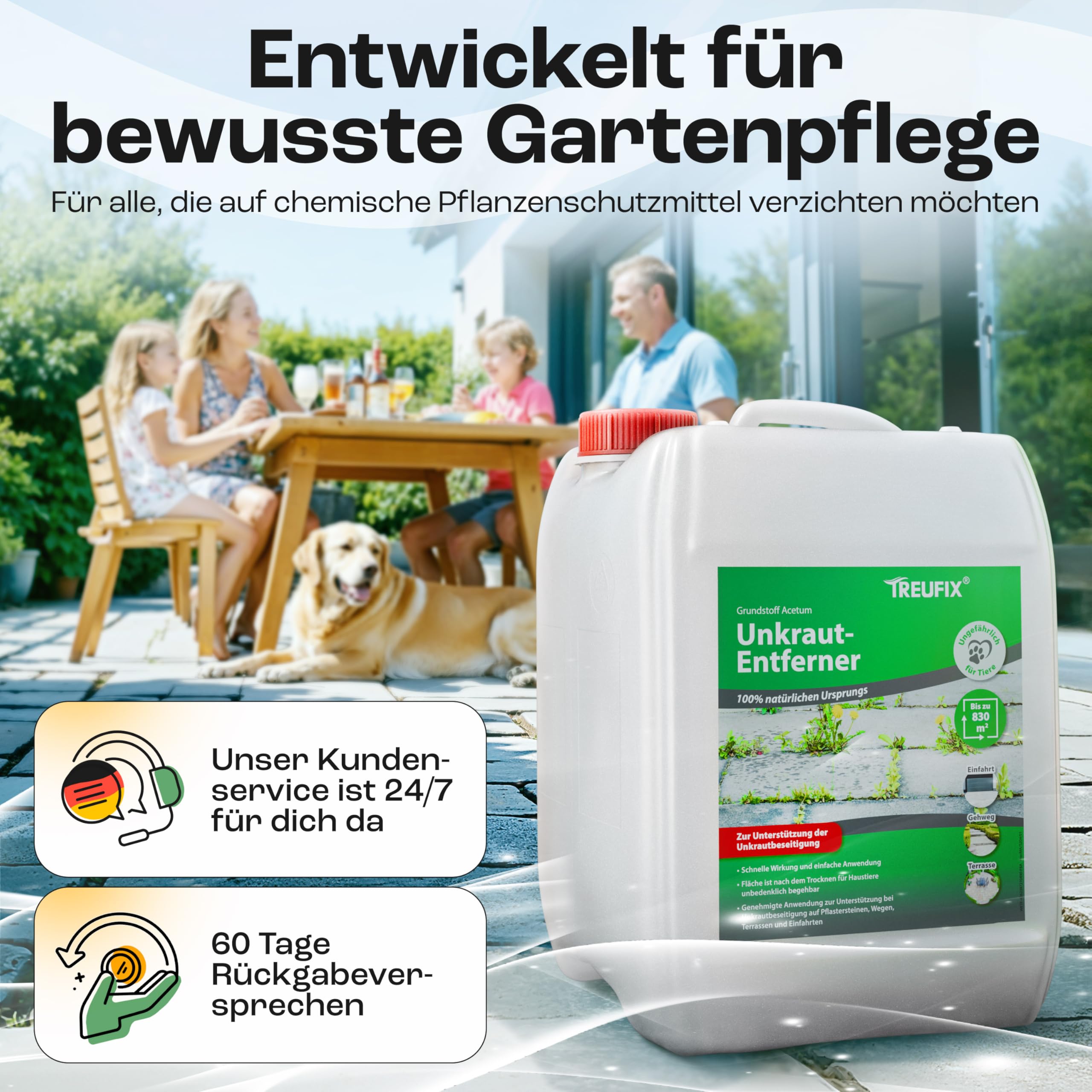 Treufix Konzentrat zur Unkrautentfernung Grundstoff Acetum (Essigsäure) 5L | Ohne Glypohosat zur Unterstützung bei Unkrautbeseitigung auf Pflastersteine, Gartenwege, Terrasse & Einfahrt - Made in DE