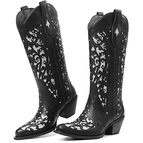 SaraIris Cowboy Boots for Women Cowgirl Boots Western Boots Chunky Heel Pointed Toe Pull On Rhinestones Embroidered Knee High Boots Mid Calf Boots - 7 1 Black