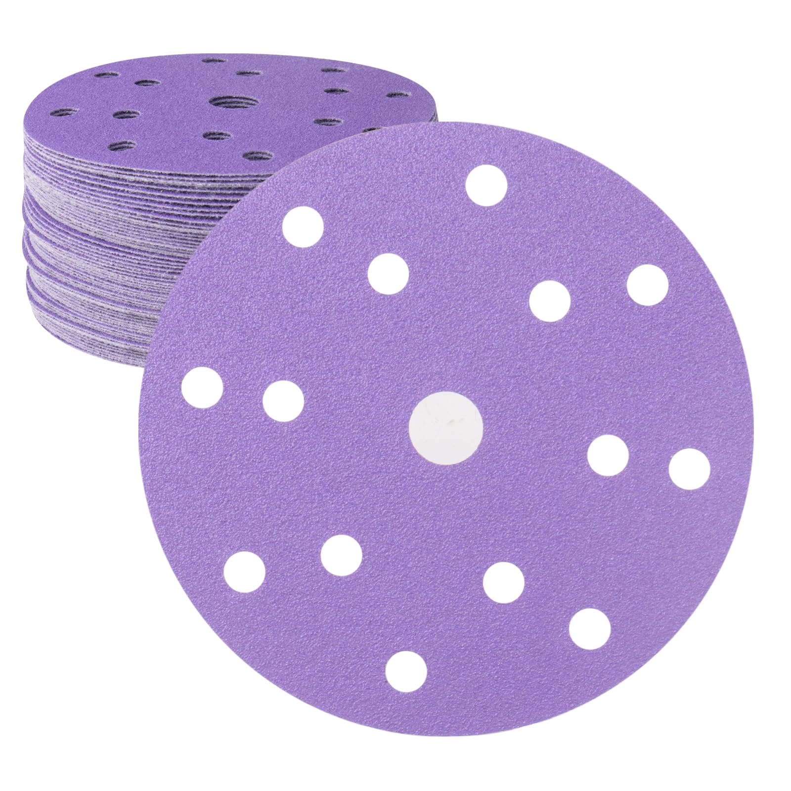 50PCS Purple Film Sandpaper Discs, 6 Inch 15 Hole 150mm Sanding Discs, P60-800 Grit Ceramic Abrasives Hook & Loop Wet Dry Film Discs for Car Paint Wood Metal Grinding and Polishing