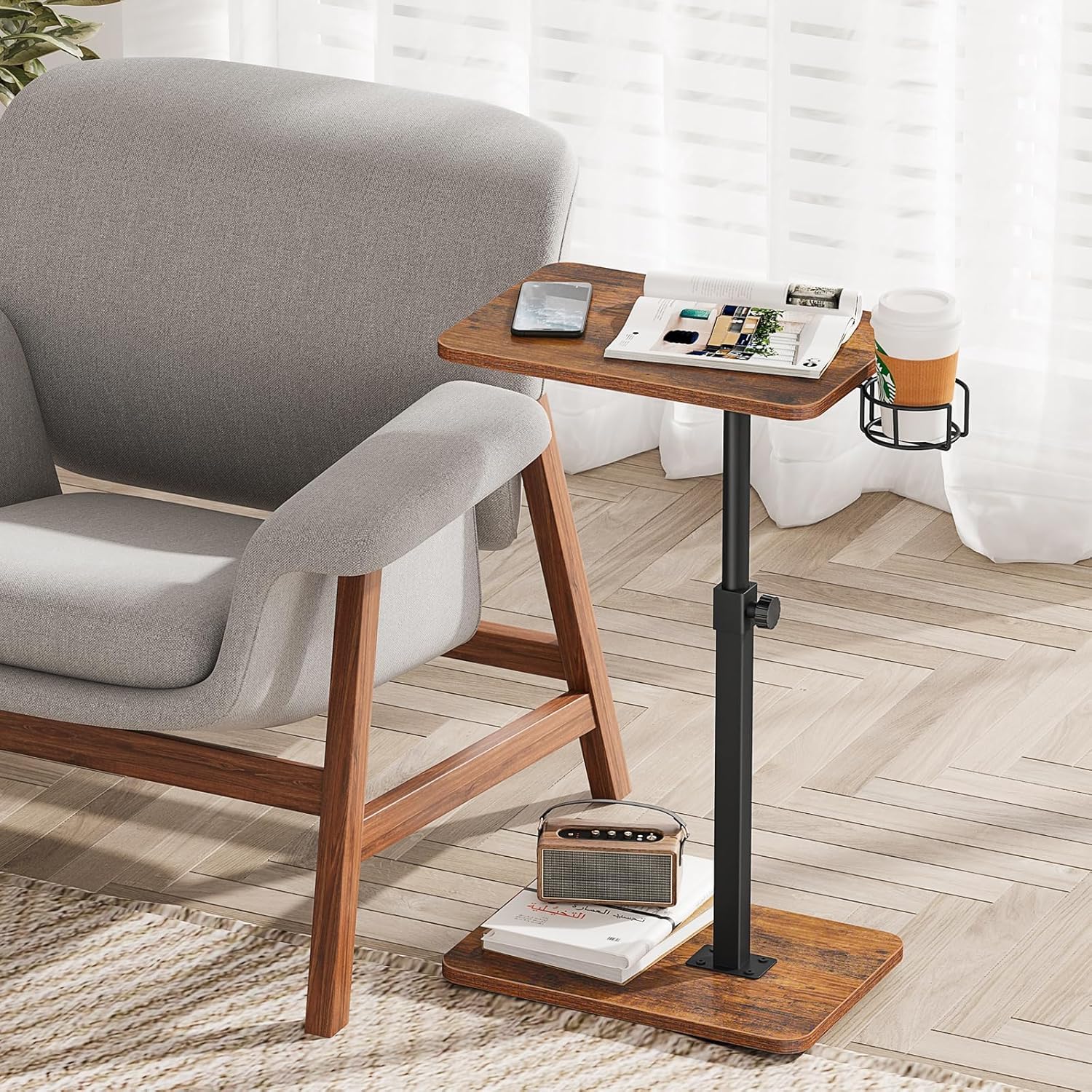 giikin tv tray table, 360° swivel height adjustable tv trays for eating on couch,sofa armrest side table for small spaces sofa bed dinner, rustic brown 10.6" x 15.8"x 30" brown
