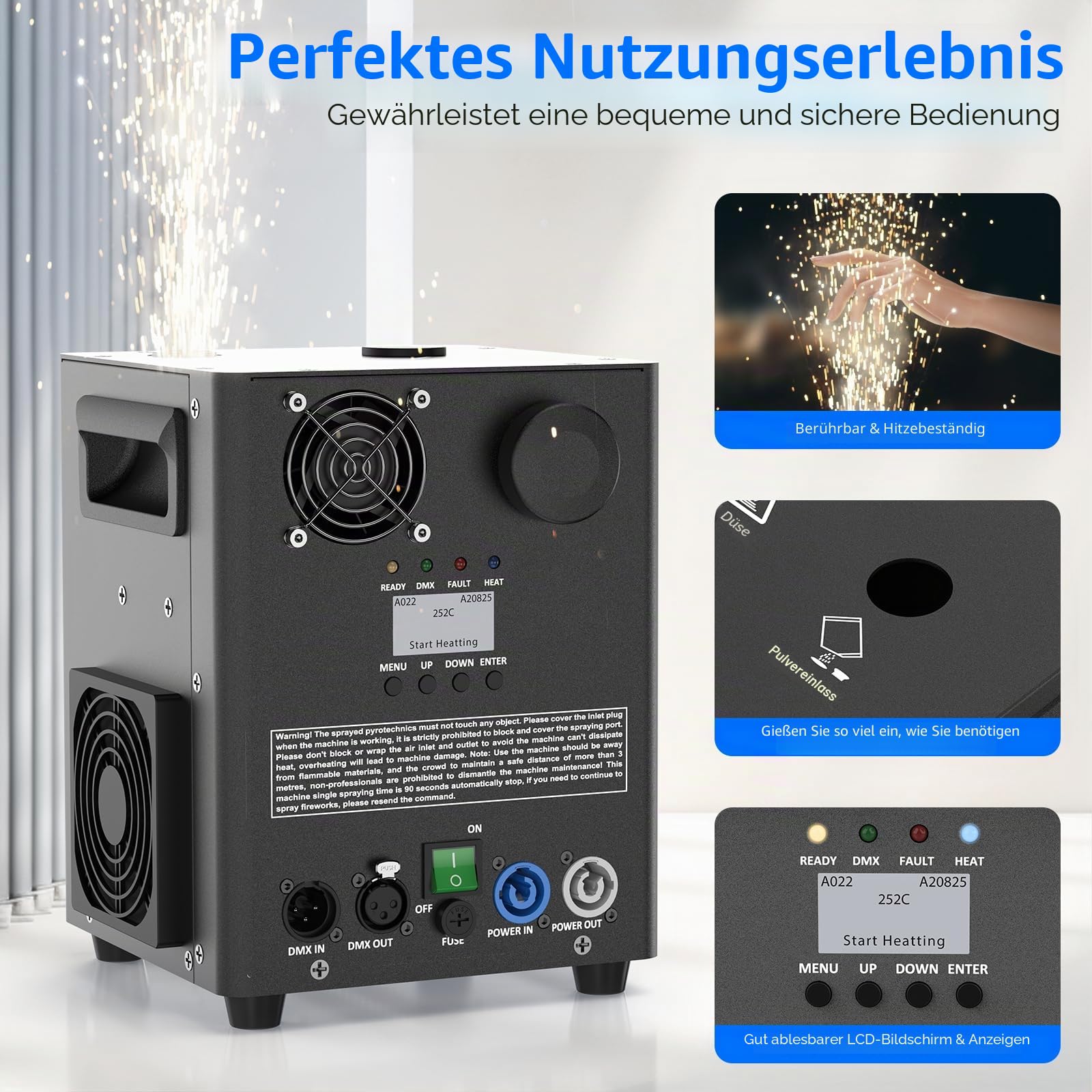 2 Stück mit Flightcase 1000W Schwarz Elektronisch Pyrotechnikmaschinen, Bühne Spezialeffekt Ausrüstung mit d-mx512 & Kabellose Fernbedienung Funkenmaschine für Hochzeit Party Konzert Weihnachten