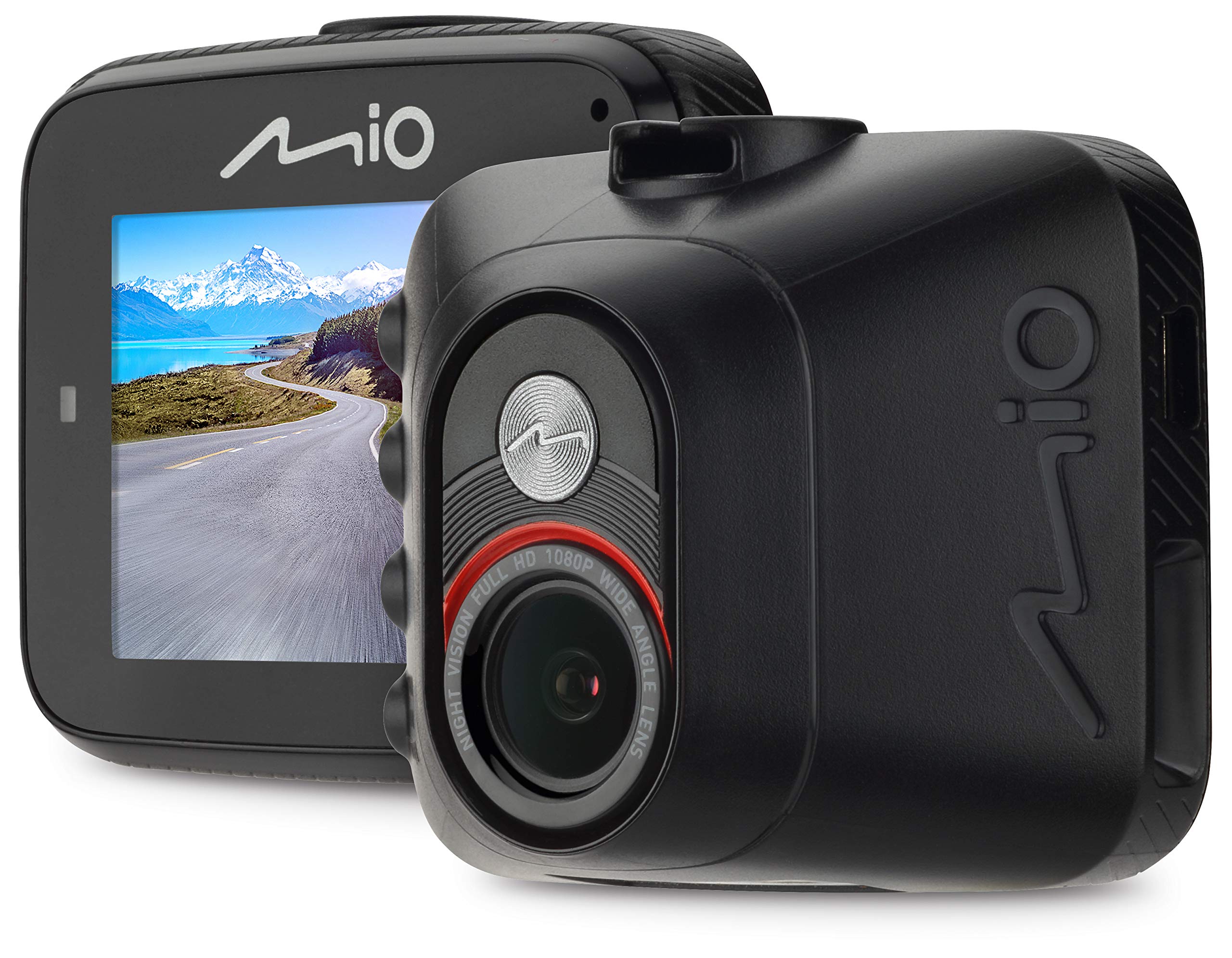Depan view of the Mio MiVue C314 dashcam, showing its screen and control buttons on the side.