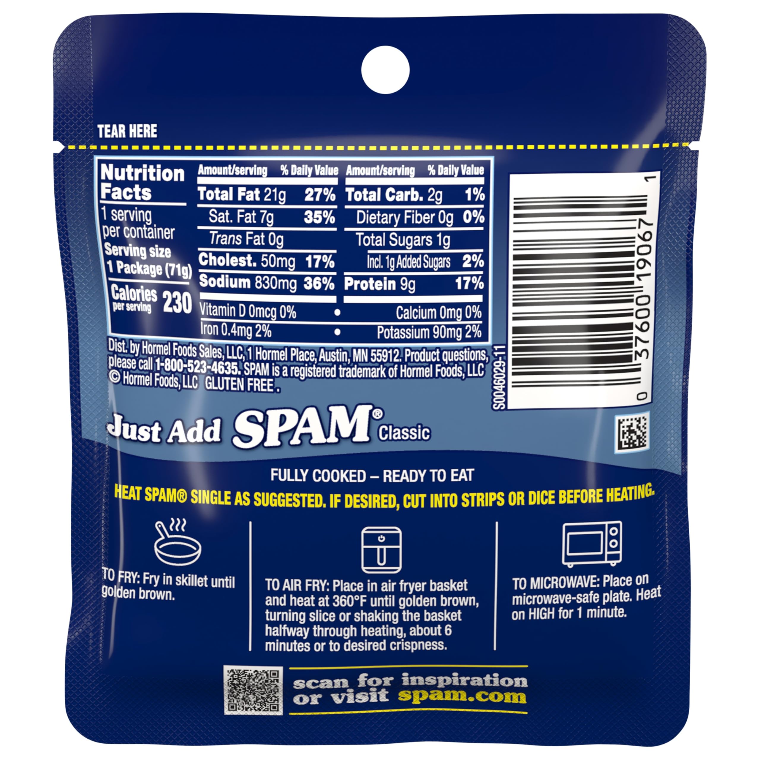 SPAM Classic Single, 9 Grams of Protein Per Serving, 2.5 oz Single Pouches, (12 Pack)