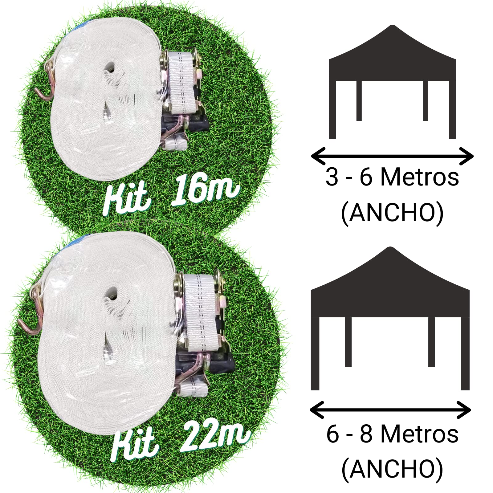 Kit de Seguridad para Carpas con Gancho. Cincha de Amarre tu Carpa en Fuertes Vientos con Estabilidad, Eslinga de Protección Reforzada. (Kit 22 Metros)