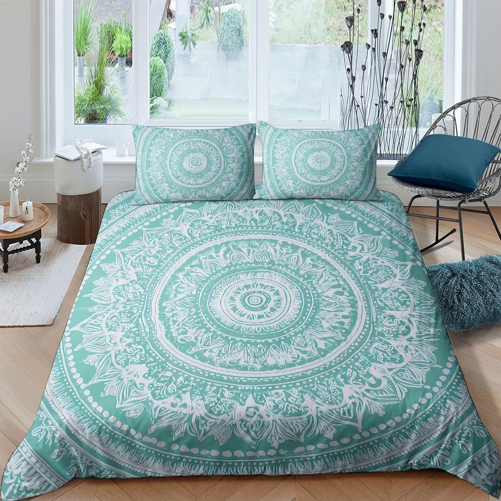 Ctjqhvkz Style-8 3D Printed Mandala Floral Fitted Sheet Microfiber Soft Turquoise Boho Pattern Mattress Cover For Bedroom Dorm Easy Care Single（135X200cm）