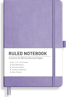 RETTACY Lined Journal Notebook, 192 Numbered Pages, A5 Medium Size (5.7'' x 8.3''), for Men & Women, Journaling, Writing, Work & Office, Leather Hardcover, 100 GSM Thick Paper (Purple)