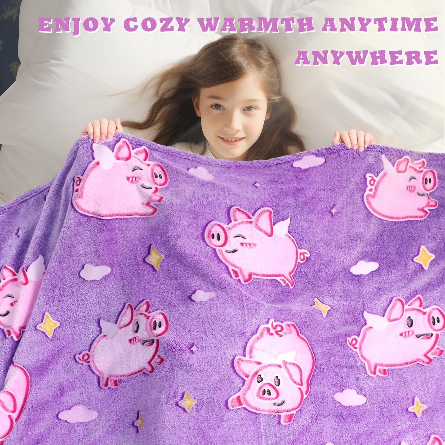 Pig Glow in The Dark Blanket - Soft Fleece Animal Pig Throw Blanket for Girls Age 3-12, Cute Pink Pigs Toys Gifts for Girls, Teens, Birthday, Kids Room Decor 50"x60" - Image 4
