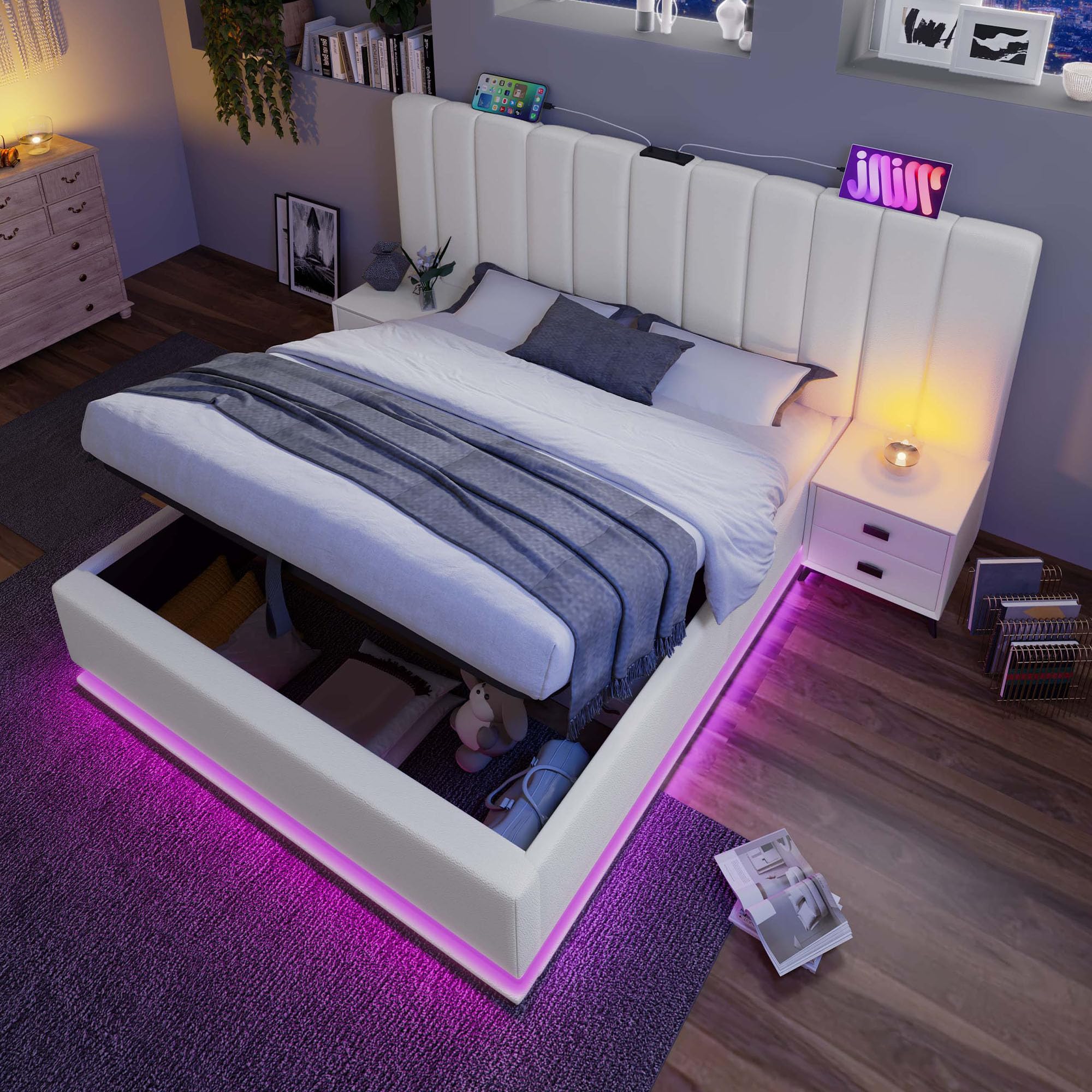 Lubvtti Cama de Matrimonio Con Control de Aplicación LED y Función de Carga USB-C, Almacenamiento de 180 x 200 cm, Estructura Con Cabecero de Gran Tamaño y Somier