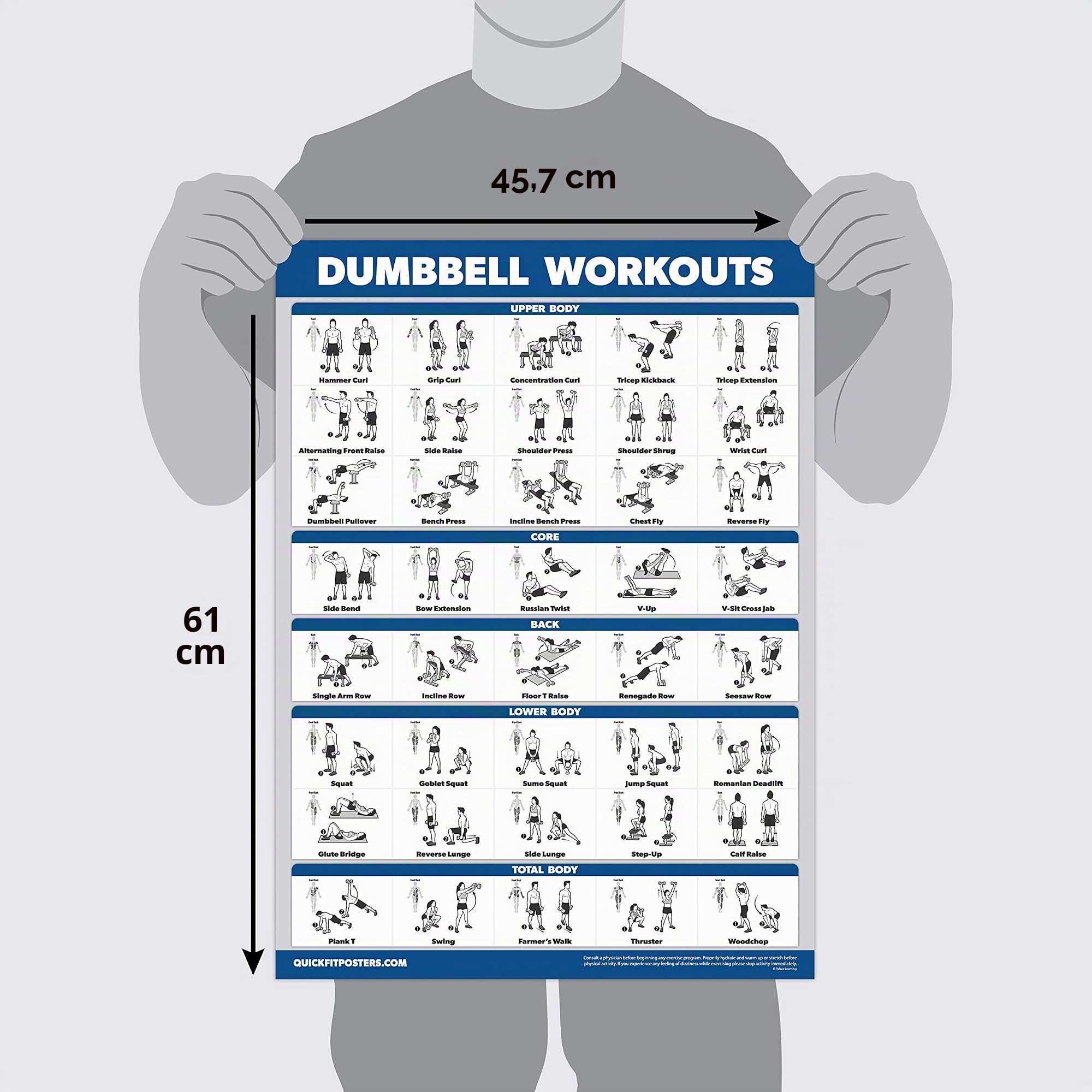 Palace Learning 4 Stück – Hantel-Workout-Poster Band 1, 2 und 3 + Langhantel-Übungstabelle – Set mit 4 Postern (laminiert, 45,7 x 61 cm)