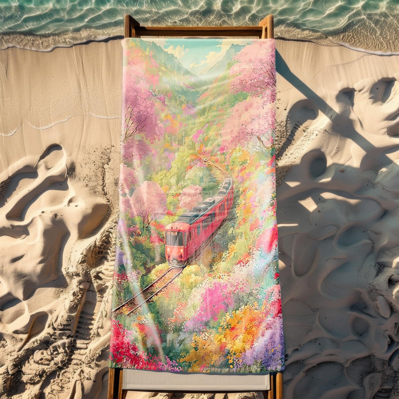 Tapis de Plage XXL Anti Sable Train, Rouge Serviette Piscine Adulte,Natte De Plage Pliable, Voyage Accessoires De Plage Camping,Serviette de Bain Personnalisée