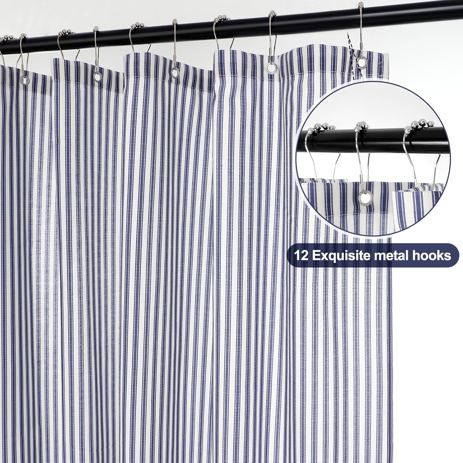 Mindsoft Stripe Cotton Toile Shower Curtain Ticking Stripe Woven Print Curtain Bathroom Decor for Traditional and Contemporary Style Kitchen Bath Home(Navy Blue and White,72 x 72 Inches)