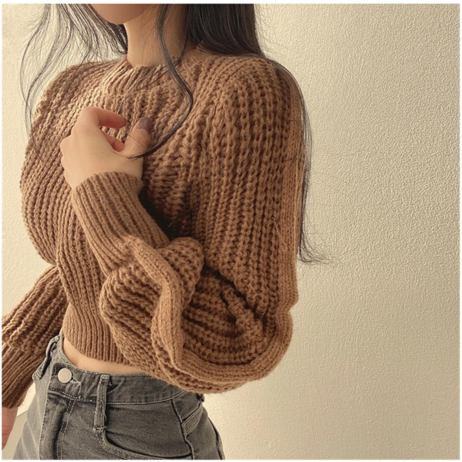 Sweter dla kobiet vintage latarnia długi rękaw damski sweter na co dzień jesień zima dzianina miękkie ciepłe topy elegancki solidny sweter damski