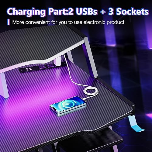 Miniatura 4 de MOTPK Escritorio para juegos con toma de corriente y luces LED, escritorio para computadora de juegos de 47 pulgadas con estante de almacenamiento