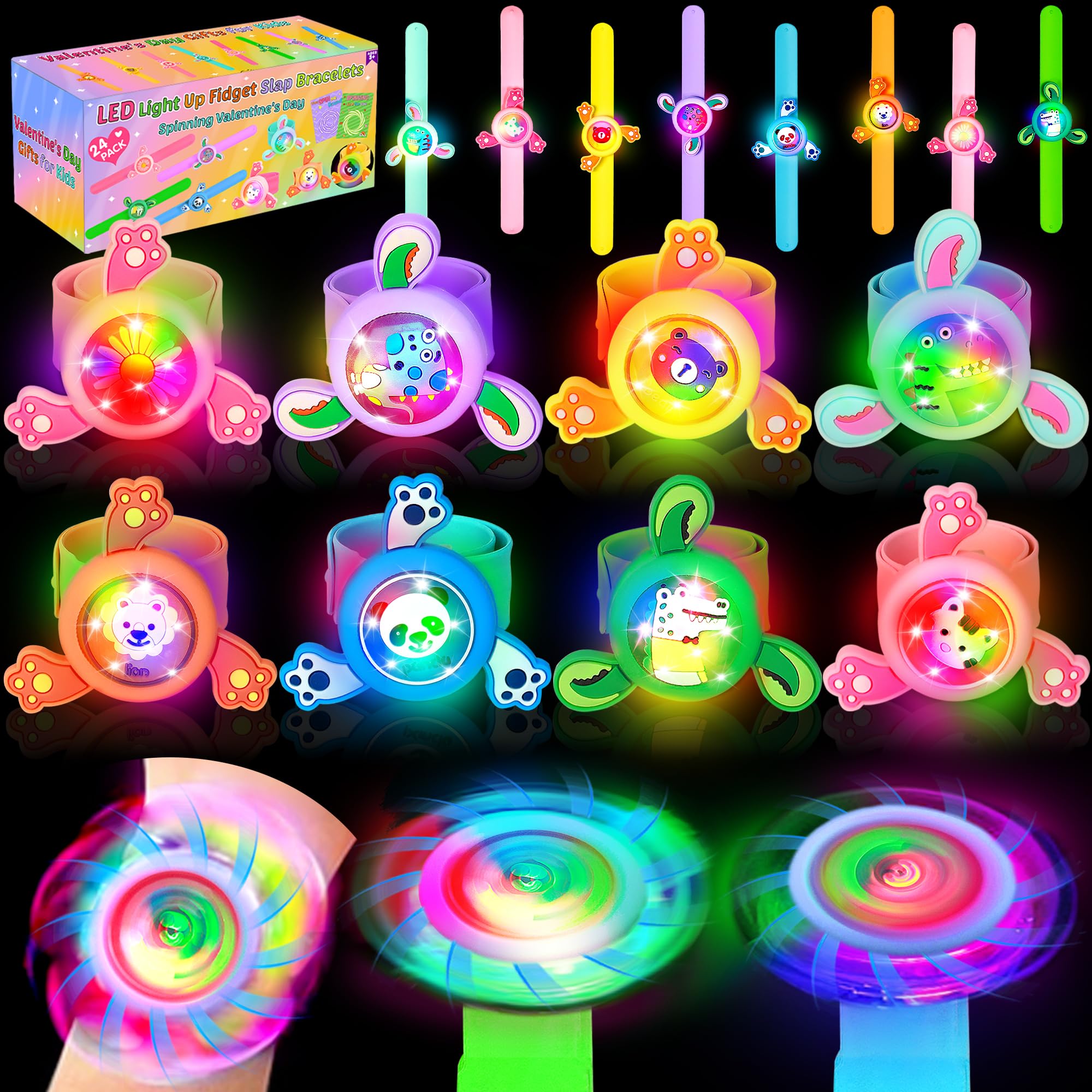 24 Pack LED Light Up Fidget Spinner Slap Bracelets Party Favors for 4-8-12 Glow in The Dark Party Supplies,Birthday Gifts, Classroom School Exchange, Goodie Bags Easter Basket Stuffers