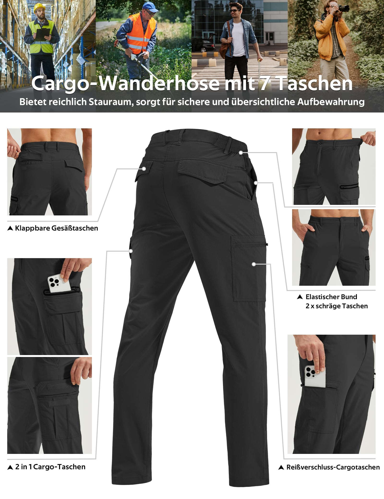 MOURCE Pantalon de randonnée léger pour homme - Séchage rapide - Imperméable - Avec 7 poches - Pour le camping, la pêche, l'extérieur