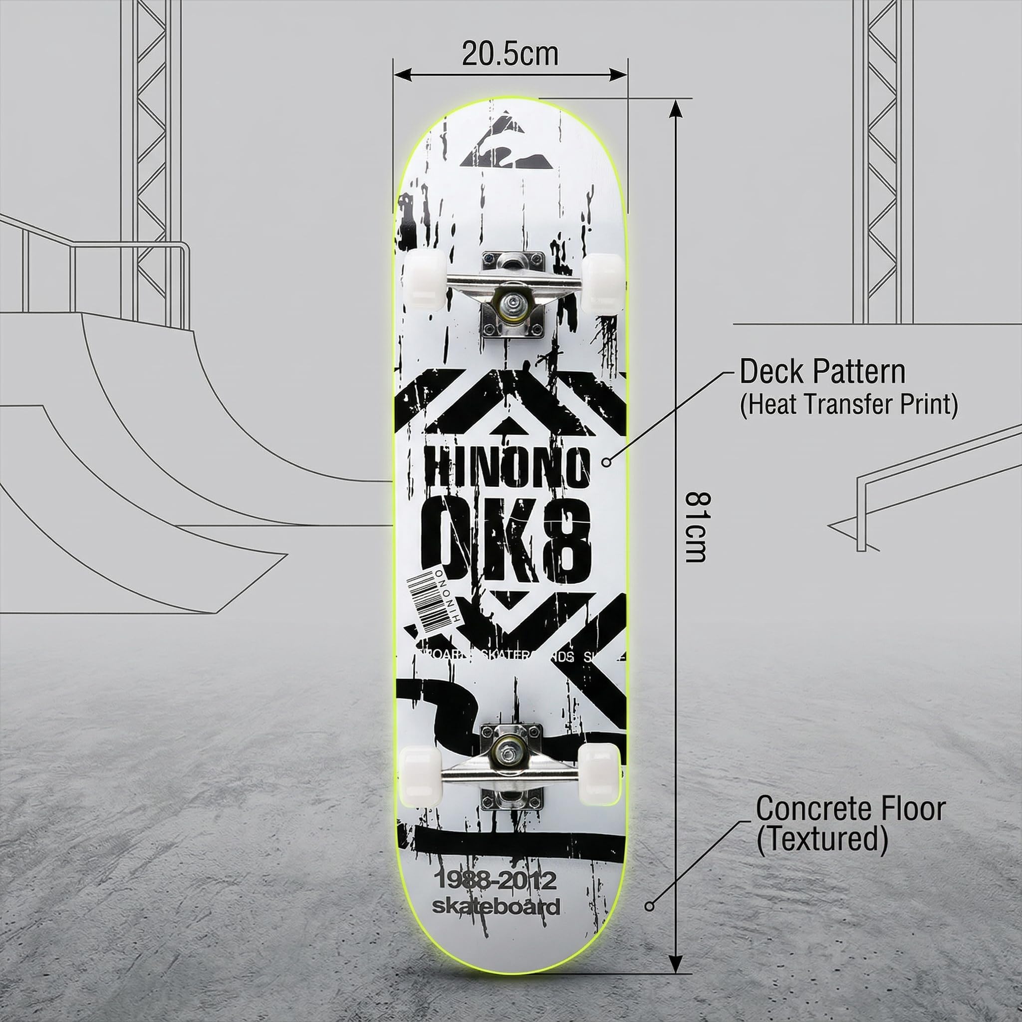 Skateboard Professionnel Double Kick,81 cm en érable, roulements ABEC-7, Roues en PU 95A, Design Graphique personnalisé (81cm, ok8)