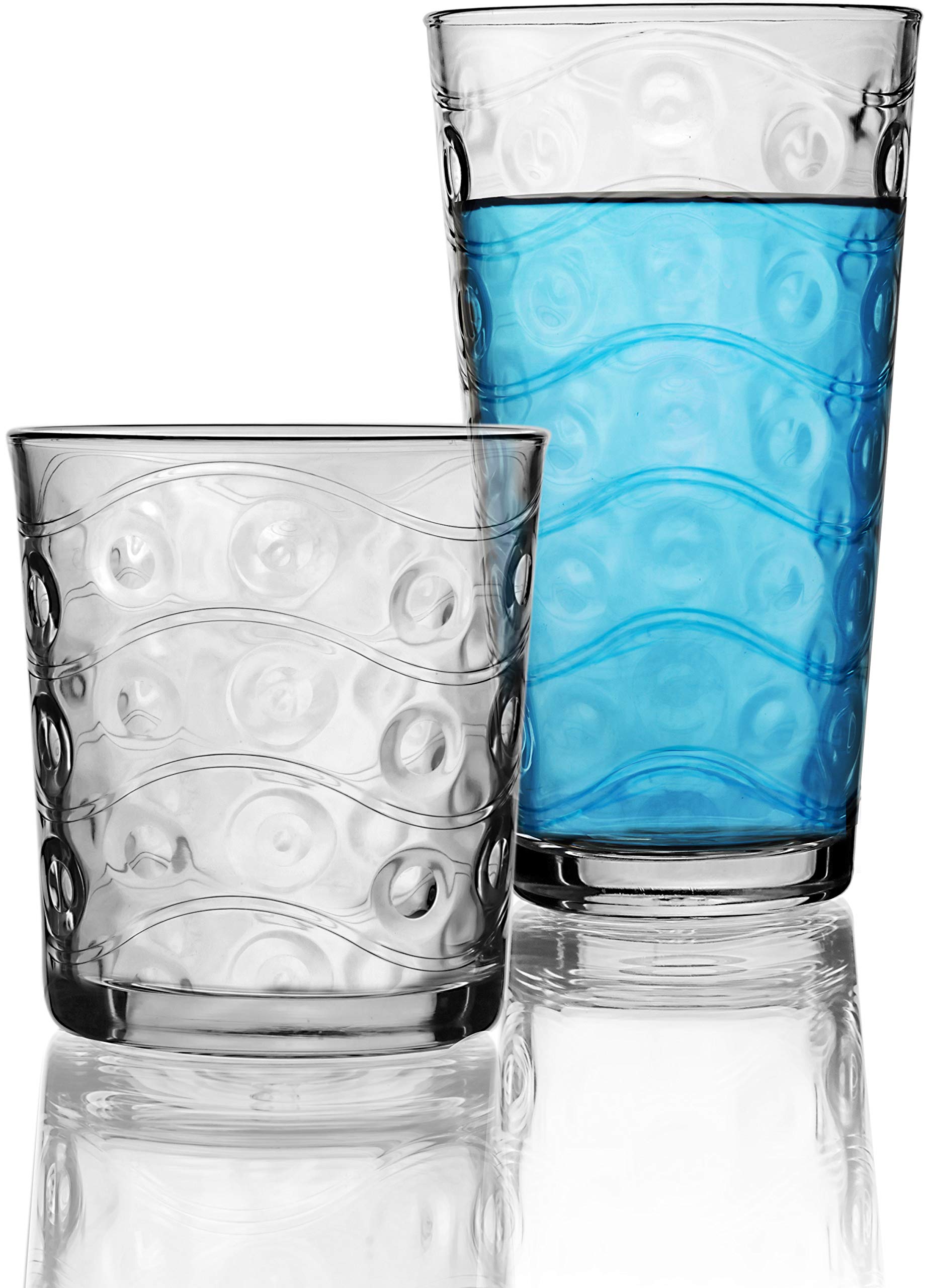 CirclewareCosmo Huge 12-Piece Glassware Set of Highball Tumbler Drinking Glasses and Whiskey Cups for Water, Beer, Juice, Ice Tea Beverages, 6-15.75 oz & 6-12.5 oz, Parade