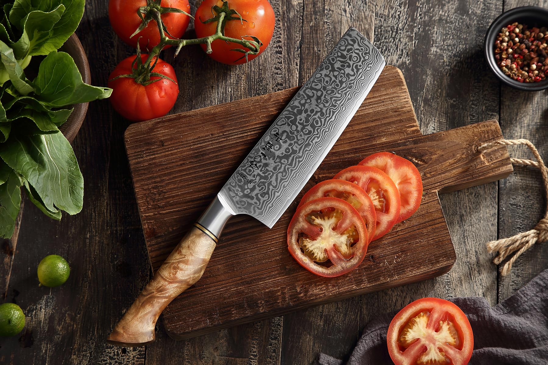 HEZHEN Coltello Nakiri in Acciaio Damasco 18CM, Coltello da Cucina Giapponese Coltello da Mannaia, Coltello da Cuoco Damasco Coltello Santoku
