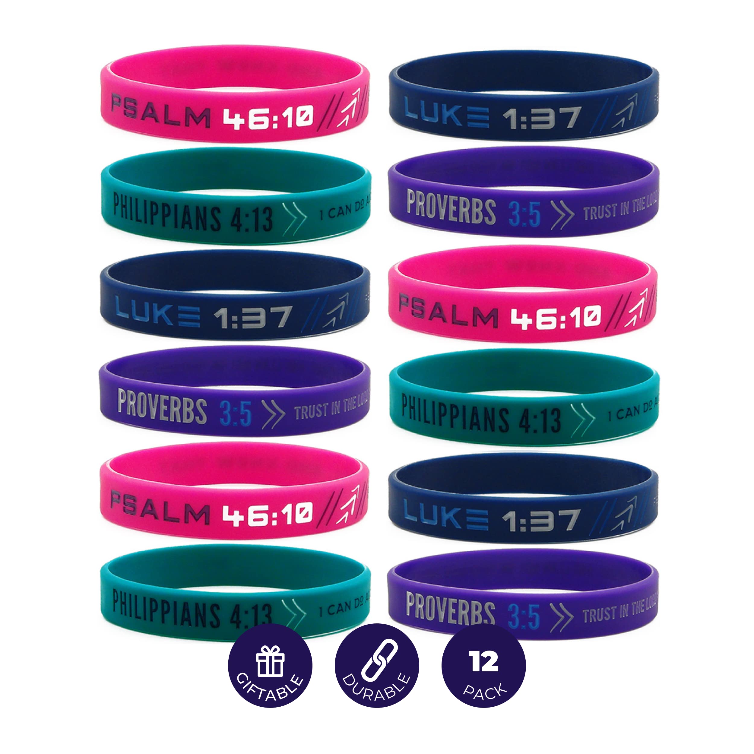 Inkstone (12-pack WWJD Bracelets - Bible Wristbands with Words from New Testament - Religious Church Gifts Supplies in Bulk for Christian (Philippians 4:13/Luke 1:37/Proverbs 3:5/Psalm 46:10)