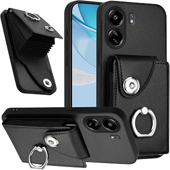 Case Compatible with Redmi 13C 4G,Compatible with Xiaomi Poco C65 Wallet Magnetic Clasp [PU Leather + Shell + Card Holder] Ring Kickstand Black