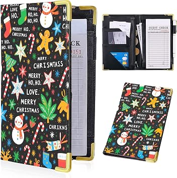 Server Books for Waitress - Brown PU Leather Waiter Book Server Wallet with Zipper Pocket,Christmas Motifs Waitress Book&Waitstaff Organizer with Money Pocket Fit Server Apron 7.9 x 5 Inch