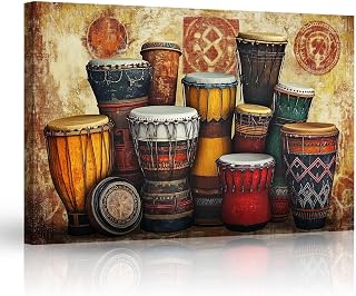ARTZGX African Drum Wall Art Print Traditional Tribal Canvas Picture Vibrant Ethnic Drum Painting Poster for Modern Living Room Decor Frame(Brown 16L x 24W)
