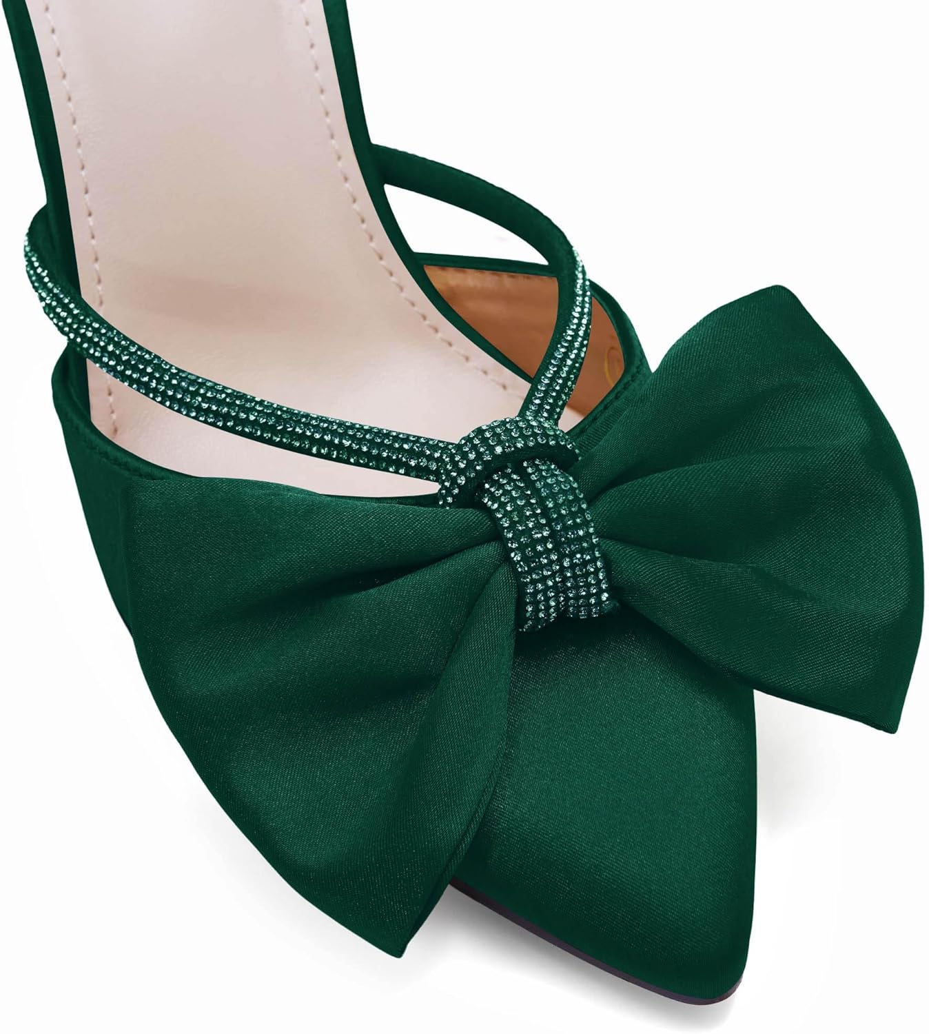 Coutgo Womens Bow Heels Mules Pointed Closed Toe Sandals Rhinestone Satin Backless Wedding Shoes - Image 4