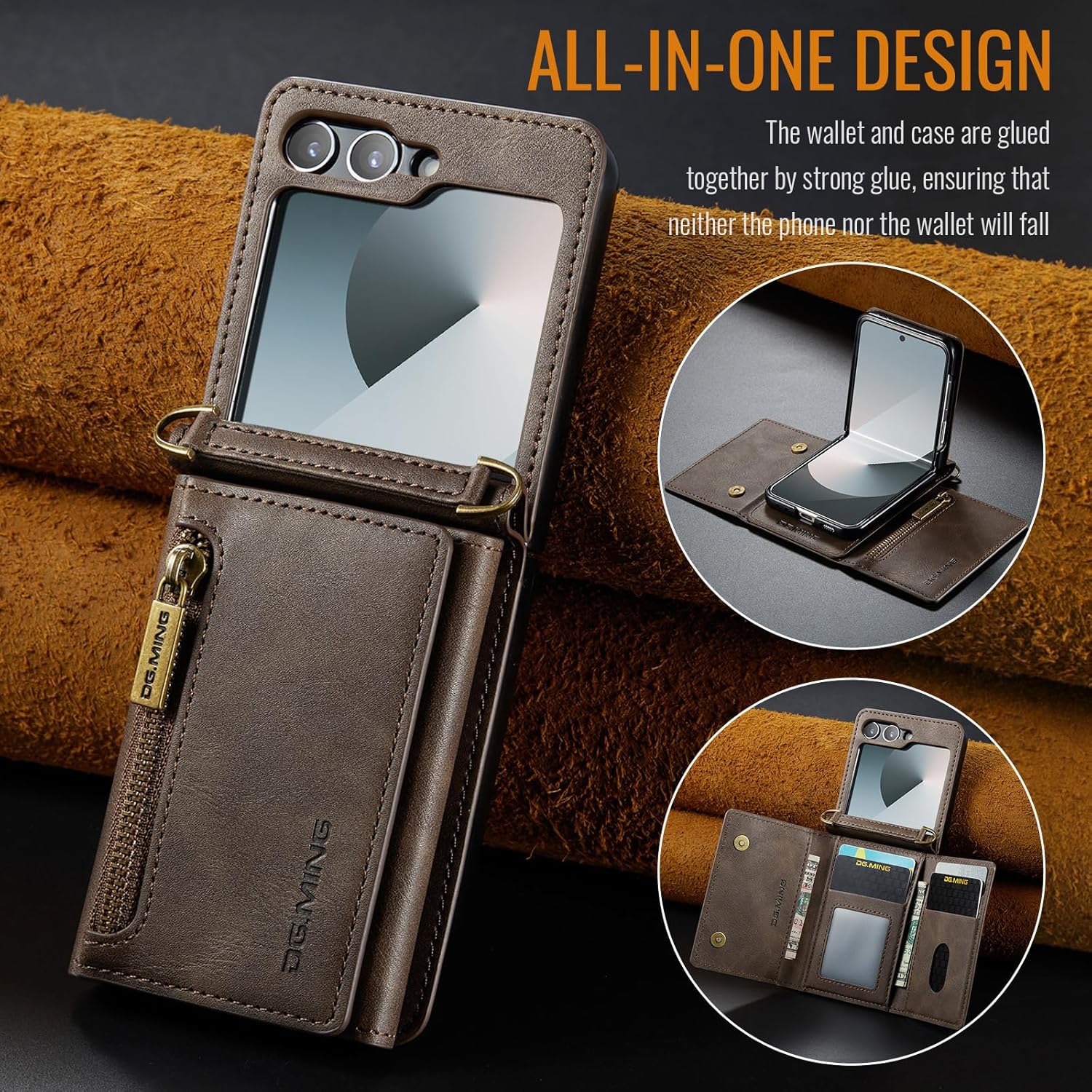 Compatible with Samsung Galaxy Z Flip 6 Phone Case， Upgraded Zipper Design， Leather Folding Wallet Phone Cases with Shoulder Strap,Leather Pocket Phone Cases (Coffee)