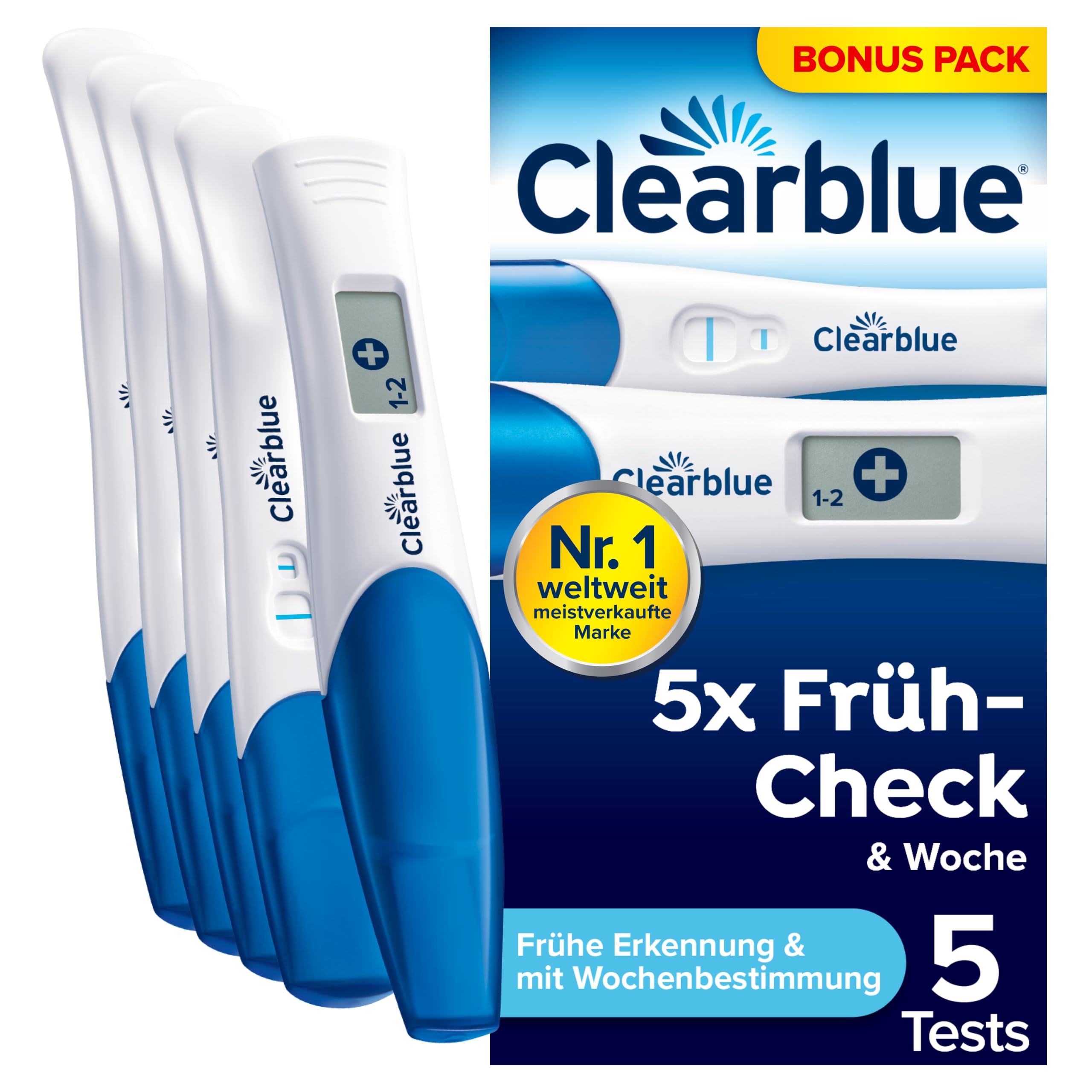 Clearblue Schwangerschaftstest 5x Früh-Check & Woche Bonus Pack, Ergebnisse 6 Tage früher (visuelle Teststäbchen) & mit Anzeige der Wochen (digitales Teststäbchen), 5 Tests (1 digital, 4 visuell)