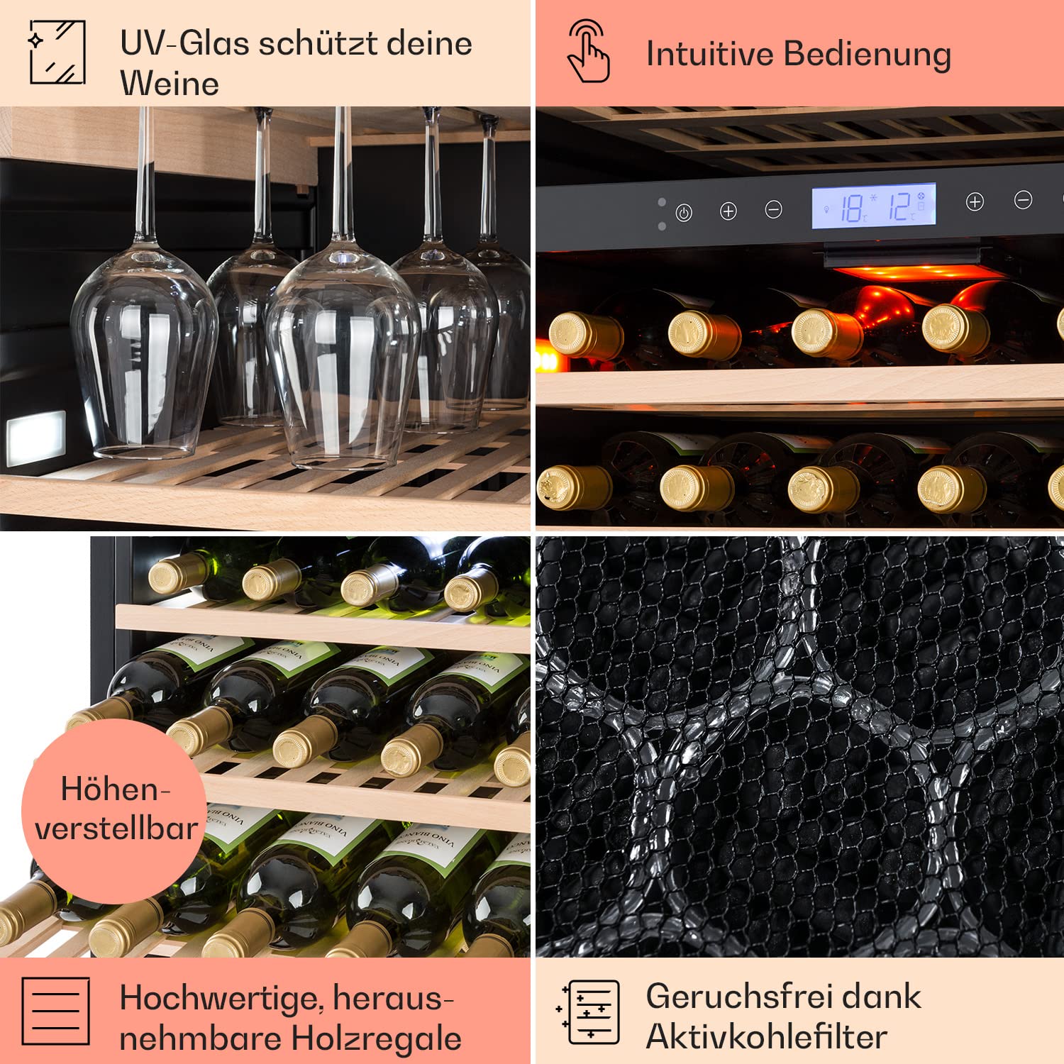 Klarstein Einbau-Weinkühlschrank, 2 Zonen Getränkekühlschrank Klein, Kleiner Weinschrank 433L, Wein-Kühlschrank Klein mit Glastür, Indoor/Outdoor Flaschenkühlschrank, Wine Fridge 165 Flaschen