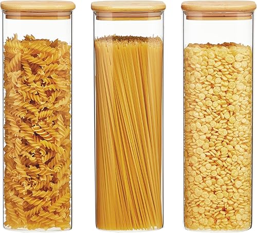 Spreccio Juego de 3 recipientes cuadrados de vidrio para almacenamiento de alimentos, perfectos para pasta, galletas, frutos secos, café, cereales,