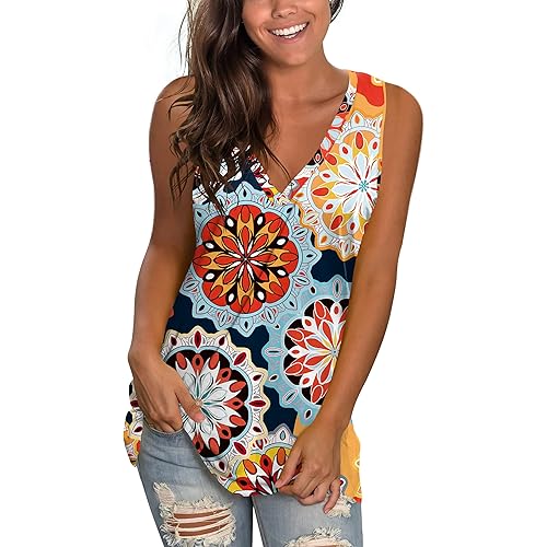 SAMPEEL Womens Tank Tops V Neck T Shirts Sleeveless Tops Floral Side Split Tanks